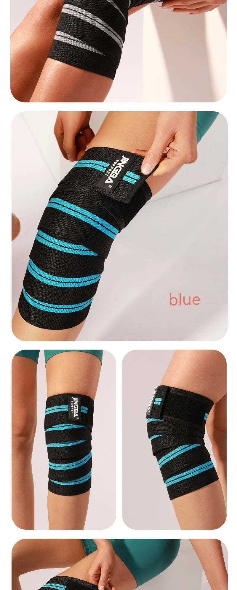 Blue adjustable sports knee pads for adult weightlifting, cycling, and multi-sport protection.