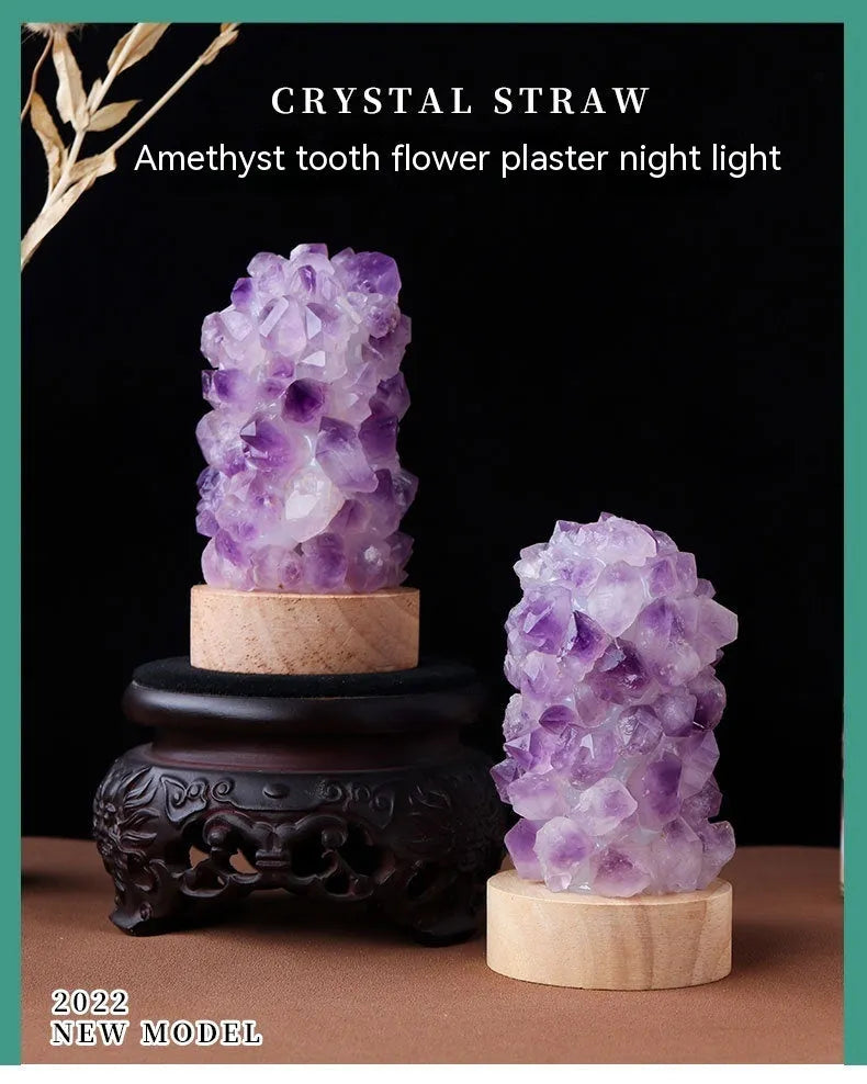 Natural amethyst vug crystal tooth flower mini night light USB plug-in cold warm light options on table
