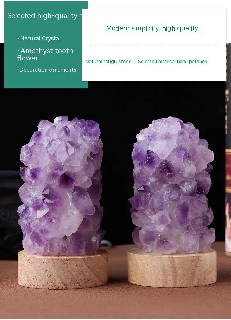 Natural amethyst vug crystal tooth flower mini night light USB plug-in cold warm light options on table