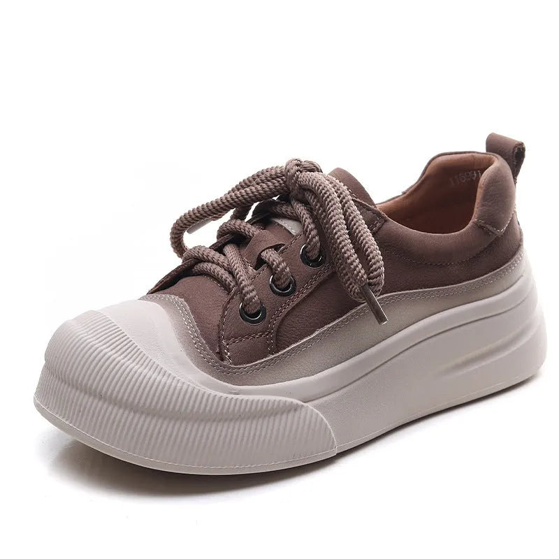 Women's yellow leather lace-up casual shoes with round toe and rubber soles