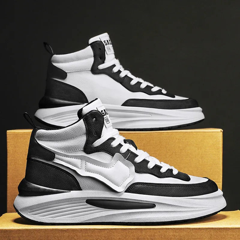 Men's black platform high-top shoes with round toe and artificial PU upper