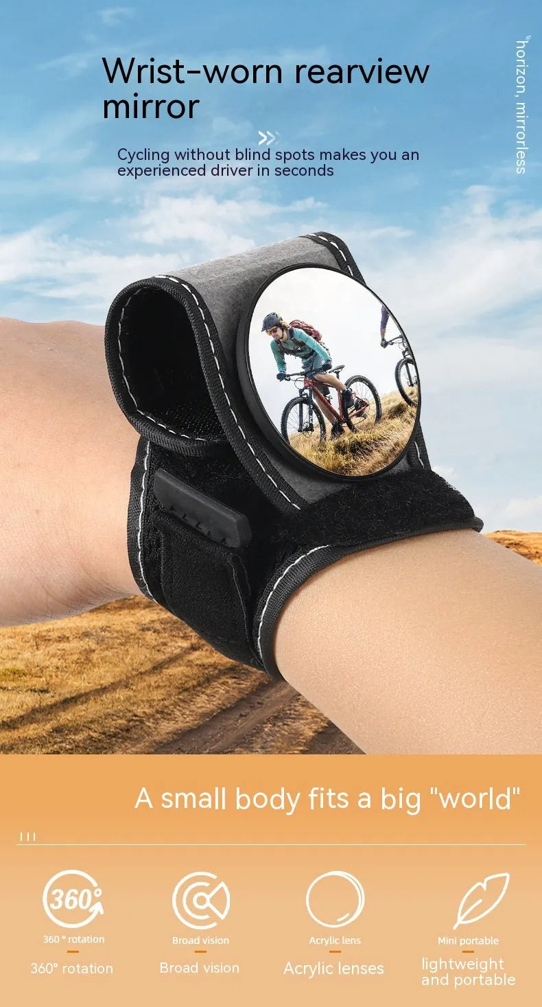 Black wrist-mounted rear-view mirror for bicycles with adjustable nylon strap