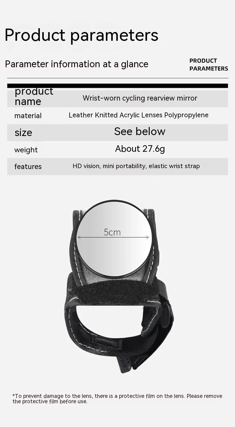Black wrist-mounted rear-view mirror for bicycles with adjustable nylon strap