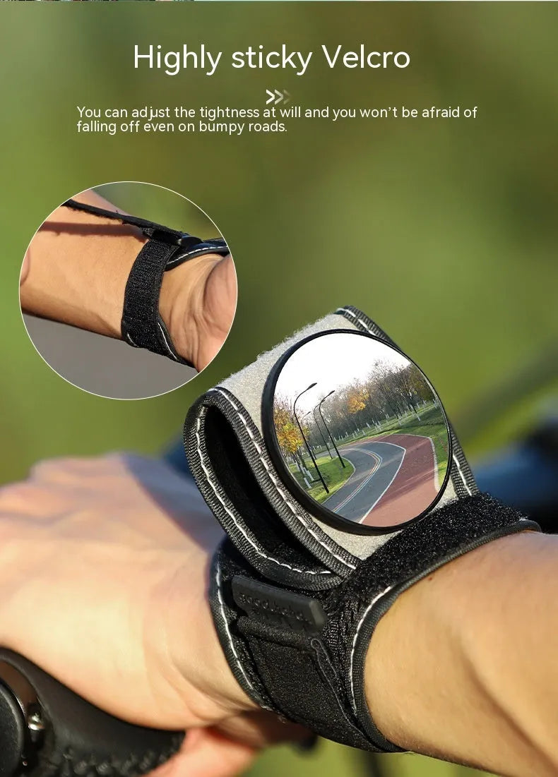 Black wrist-mounted rear-view mirror for bicycles with adjustable nylon strap