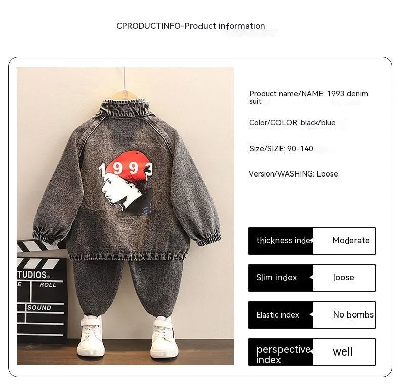 Boys' black denim two-piece suit set with long sleeves in Korean style