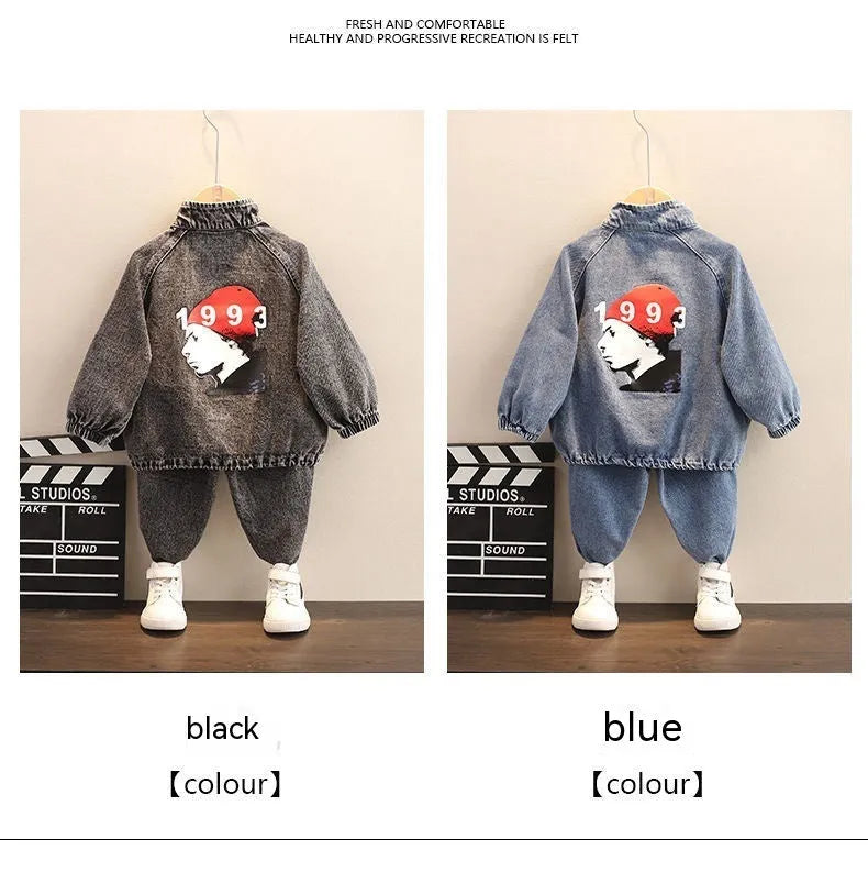 Boys' black denim two-piece suit set with long sleeves in Korean style