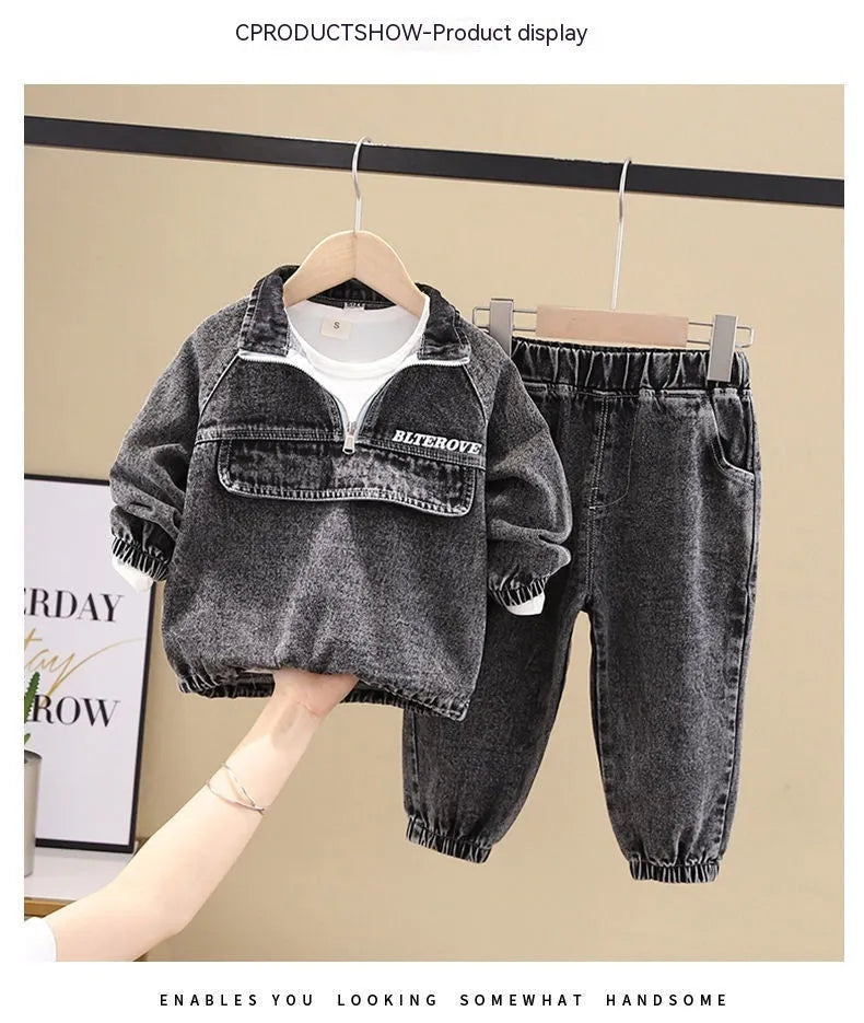 Boys' black denim two-piece suit set with long sleeves in Korean style