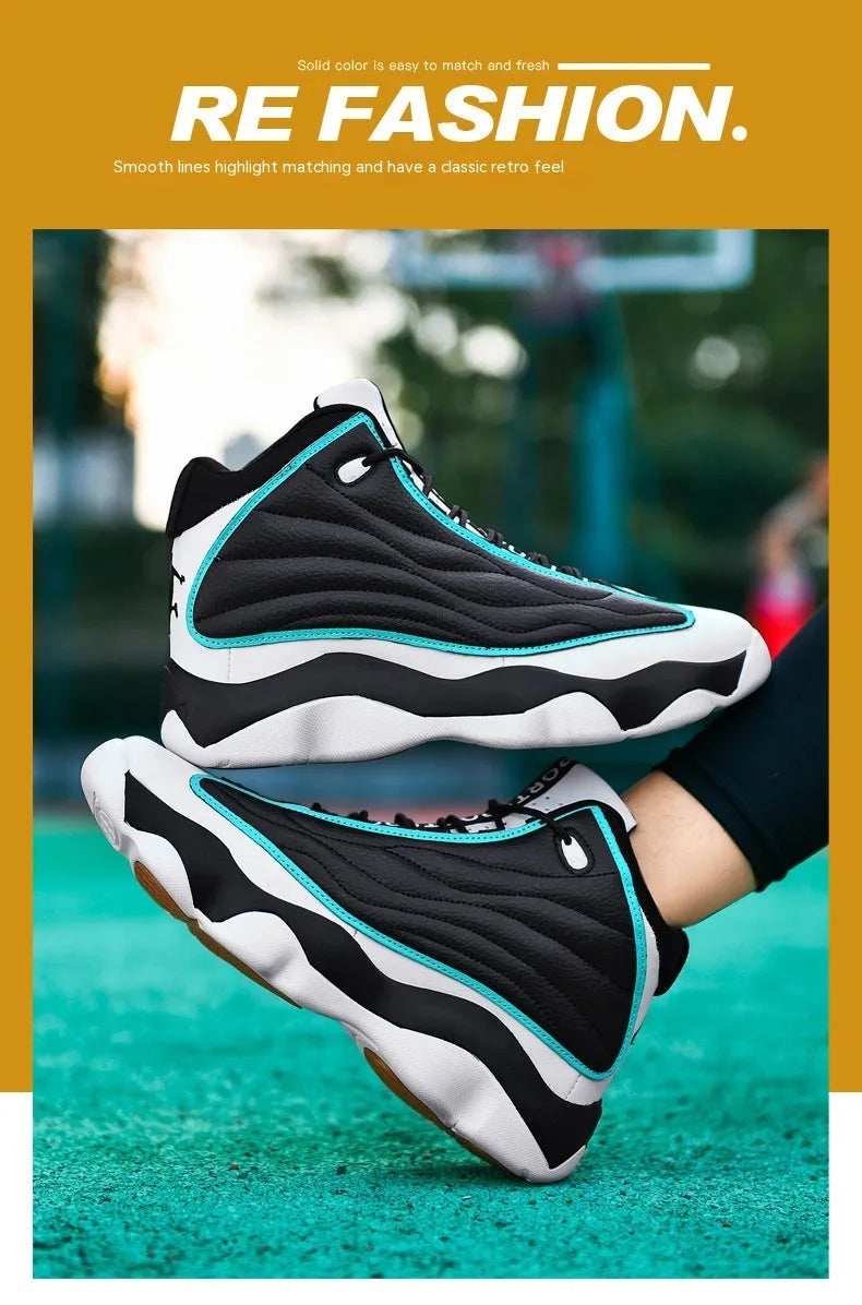 High-top basketball shoes in AJ13 colours with mesh upper and thick rubber sole on a white background