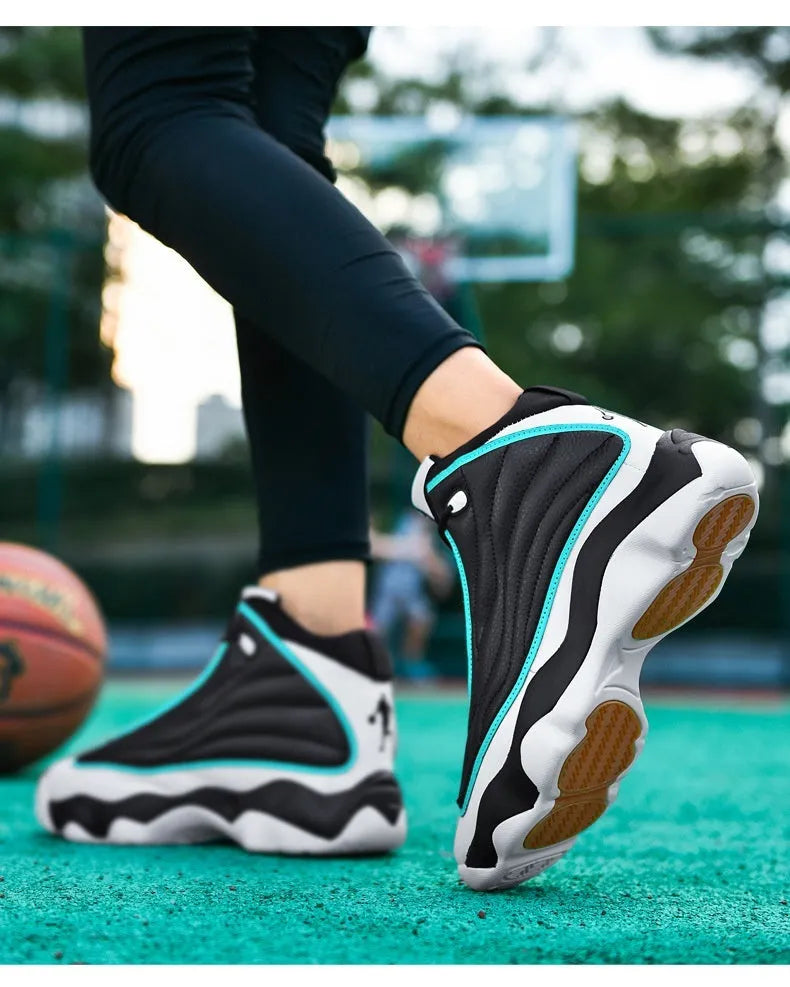 High-top basketball shoes in AJ13 colours with mesh upper and thick rubber sole on a white background