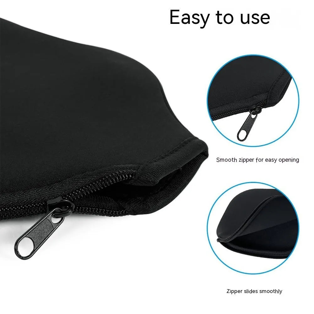 Black neoprene protective sleeve for a table tennis racket on a plain background.