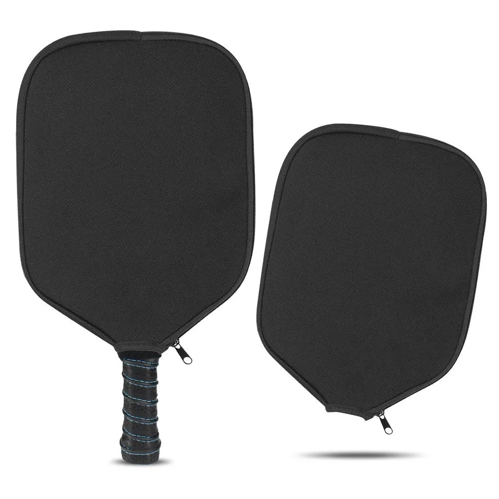 Black neoprene protective sleeve for a table tennis racket on a plain background.