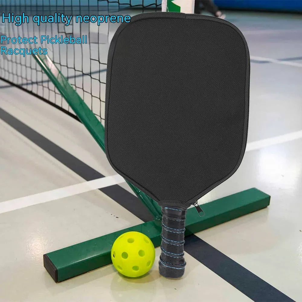 Black neoprene protective sleeve for a table tennis racket on a plain background.