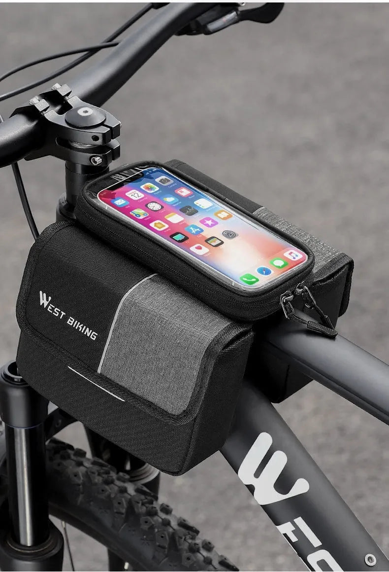 Black and grey bilateral tube saddle bag made from Oxford cloth, showing handlebar mounting and 2L capacity.
