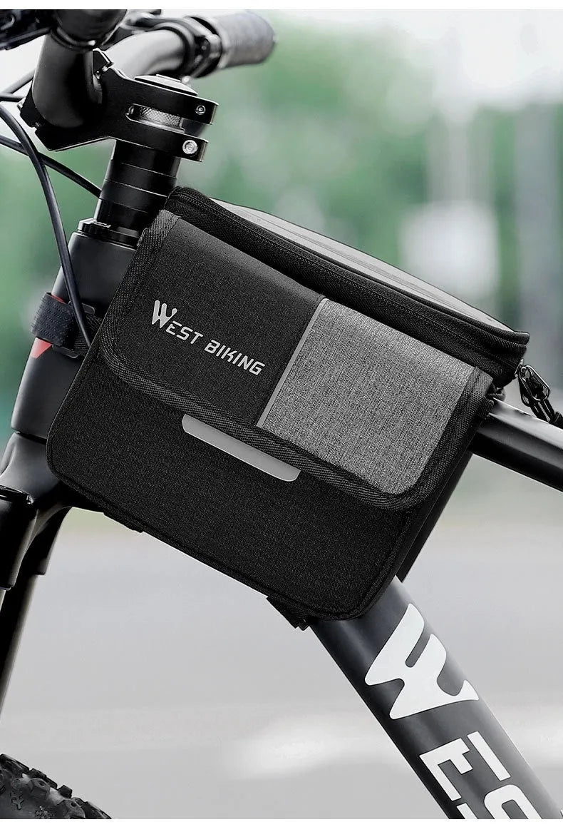 Black and grey bilateral tube saddle bag made from Oxford cloth, showing handlebar mounting and 2L capacity.