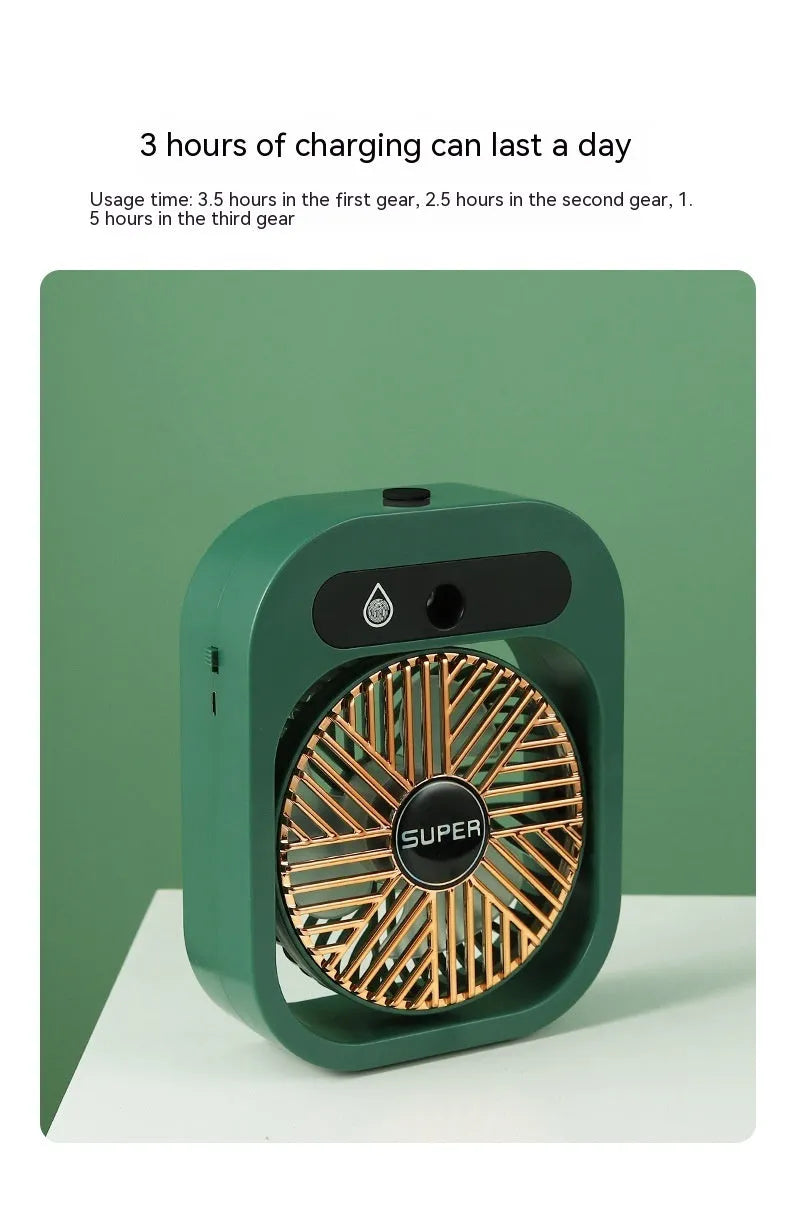 Green and white USB rechargeable misting fan air cooler with humidifier function