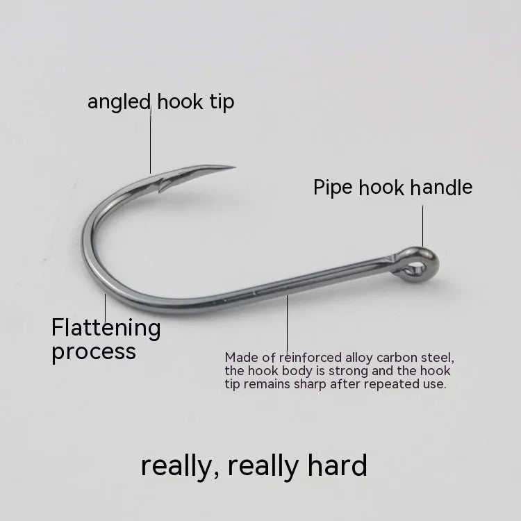 Bulk pack of barbed fishing hooks with crooked mouth and hole ring for sea fishing.