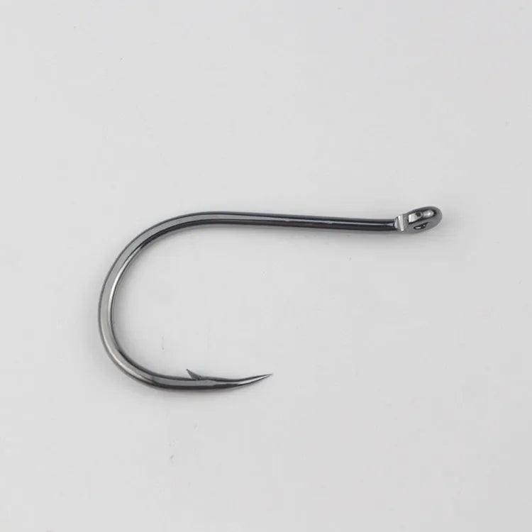 Bulk pack of barbed fishing hooks with crooked mouth and hole ring for sea fishing.