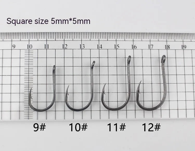 Bulk pack of barbed fishing hooks with crooked mouth and hole ring for sea fishing.
