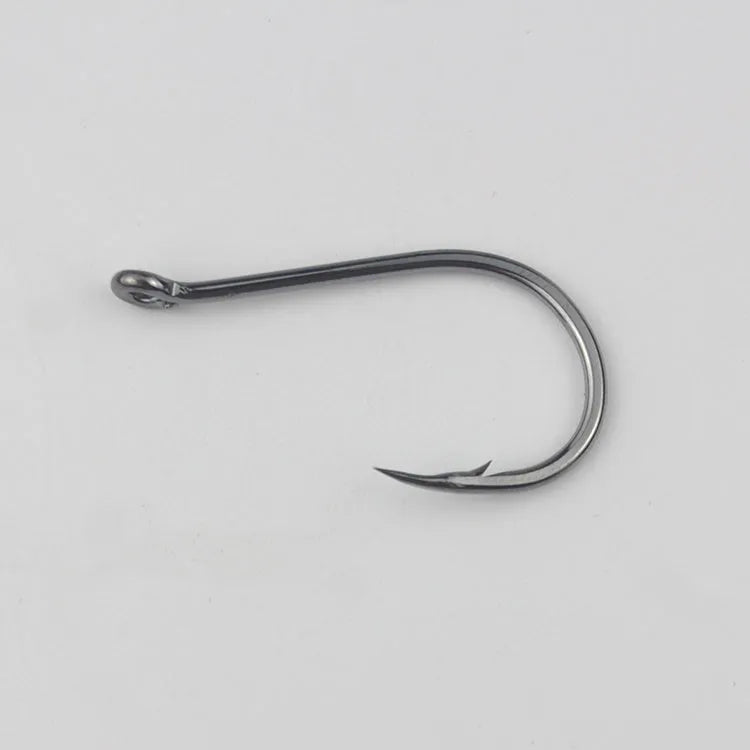 Bulk pack of barbed fishing hooks with crooked mouth and hole ring for sea fishing.