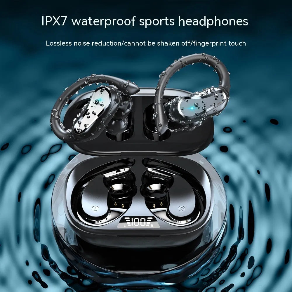 Ear-mounted IPX7 waterproof sports wireless headset with black silicone ear hooks and charging case
