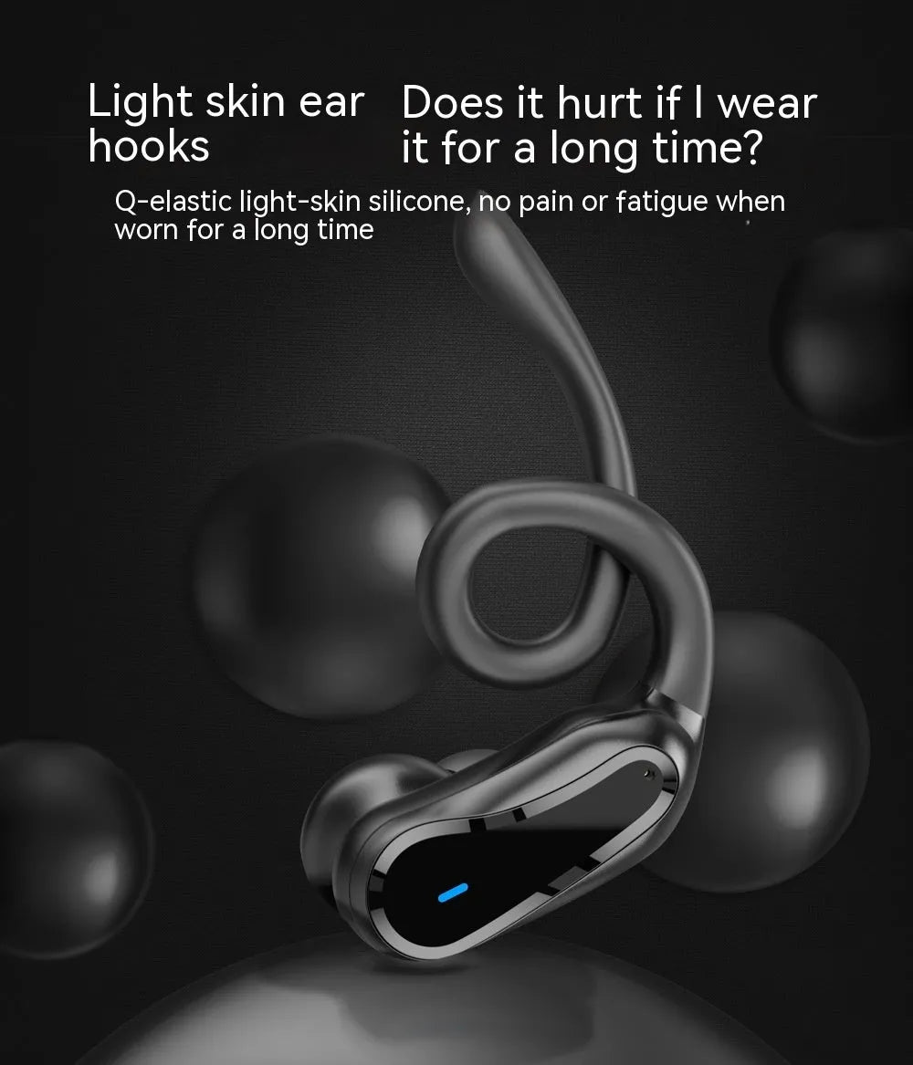 Ear-mounted IPX7 waterproof sports wireless headset with black silicone ear hooks and charging case