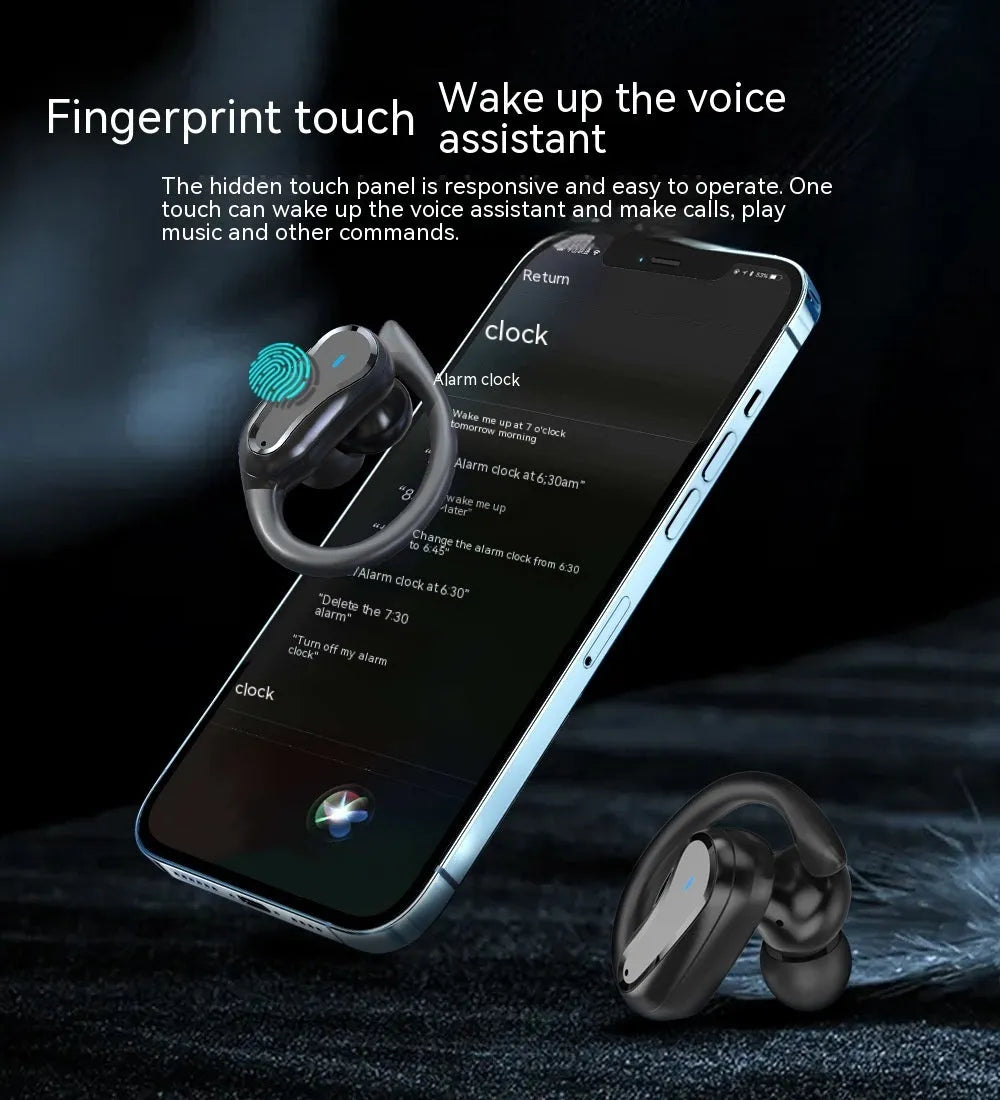 Ear-mounted IPX7 waterproof sports wireless headset with black silicone ear hooks and charging case
