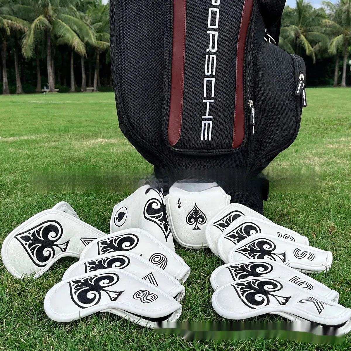 PU golf putter sleeve accessory shown in multiple colours including grey, red, and black