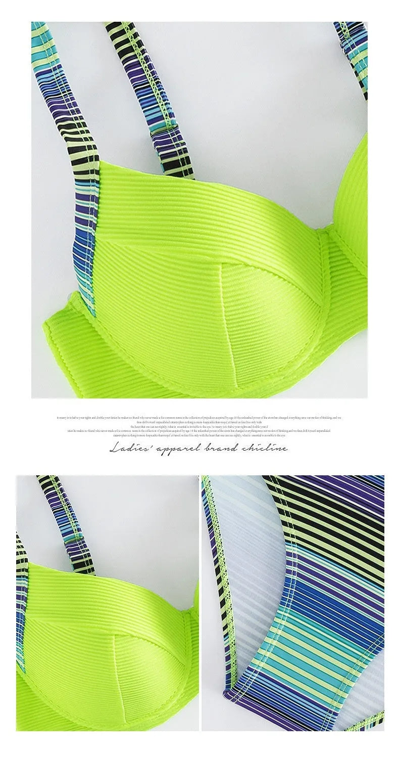 Green printed halter bikini with fashion split design for women