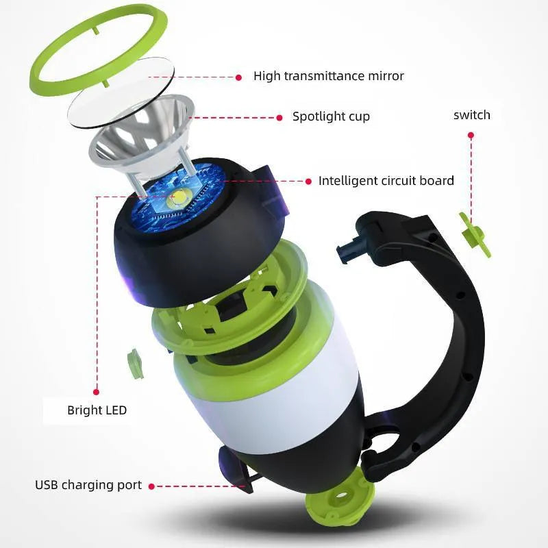 Black green multifunctional LED camping lamp with adjustable head, shown with USB cable.