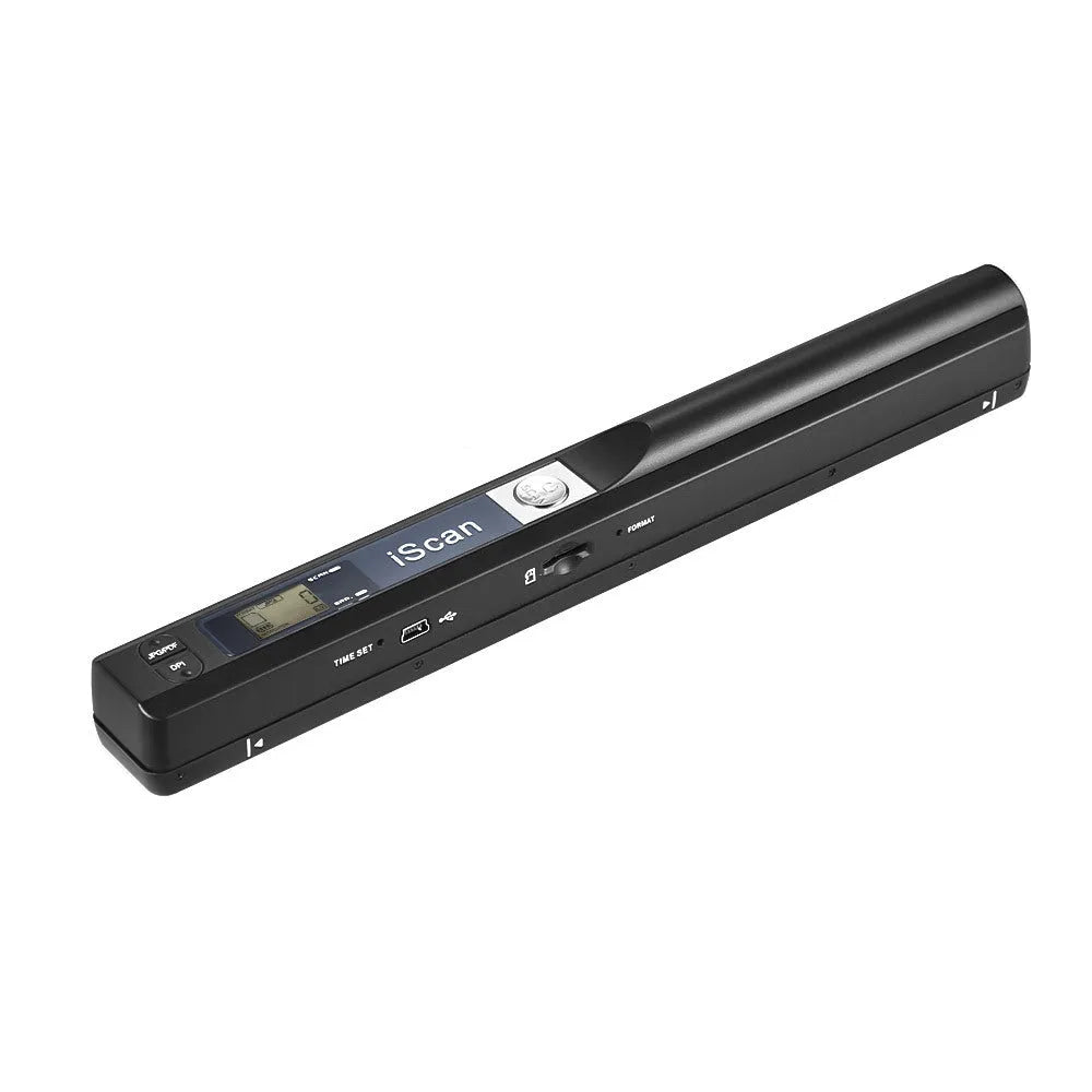 Handheld barcode scanner shown in available colours: black, blue, green, red, and silver.