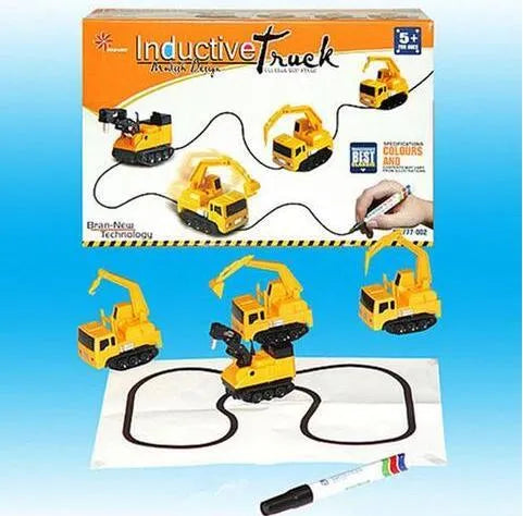 Mini plastic inductive toy truck with optical sensor following a black line on white paper, batteries and marker pen included