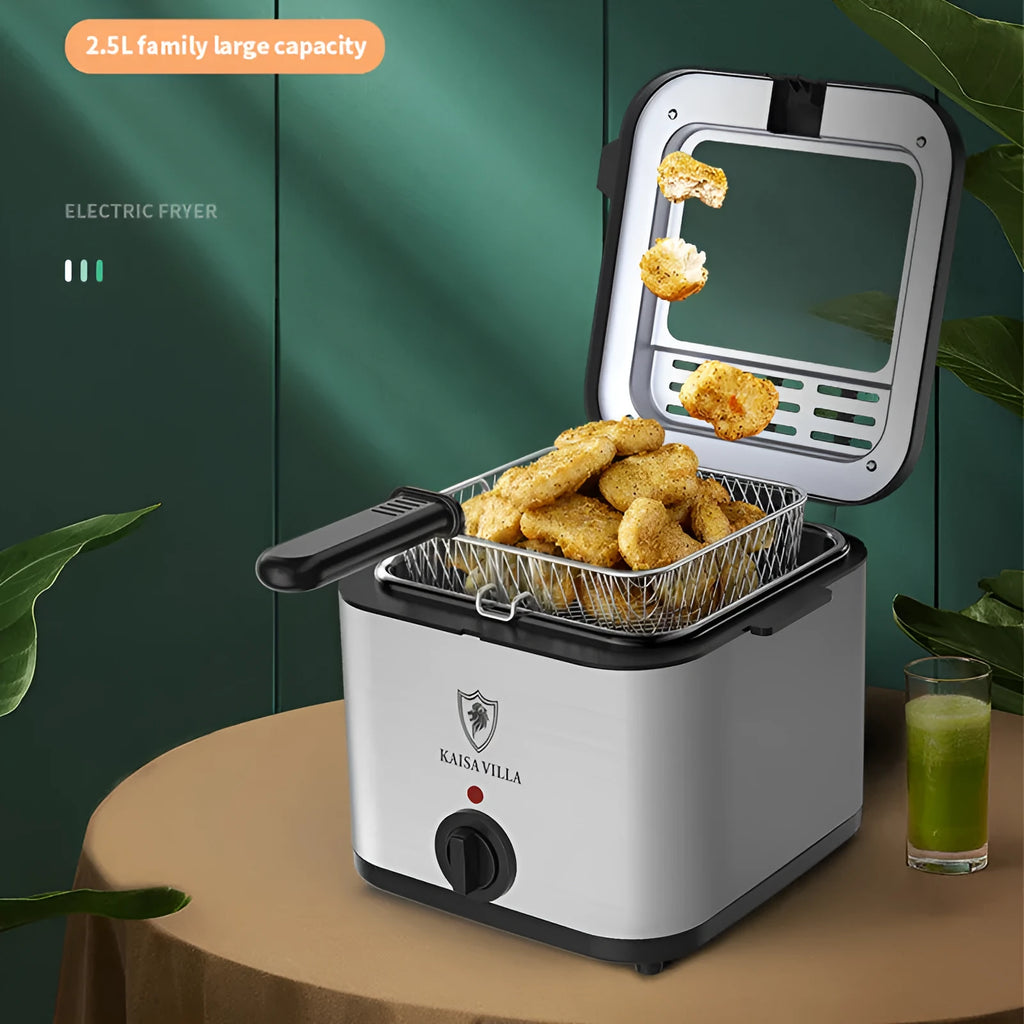 Silver electric air fryer with detachable basket showing stainless steel and plastic construction