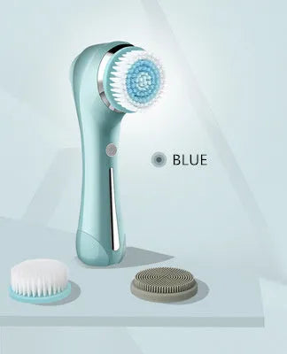 Blue electric facial cleansing brush with USB cable and 30ml water tank on white background