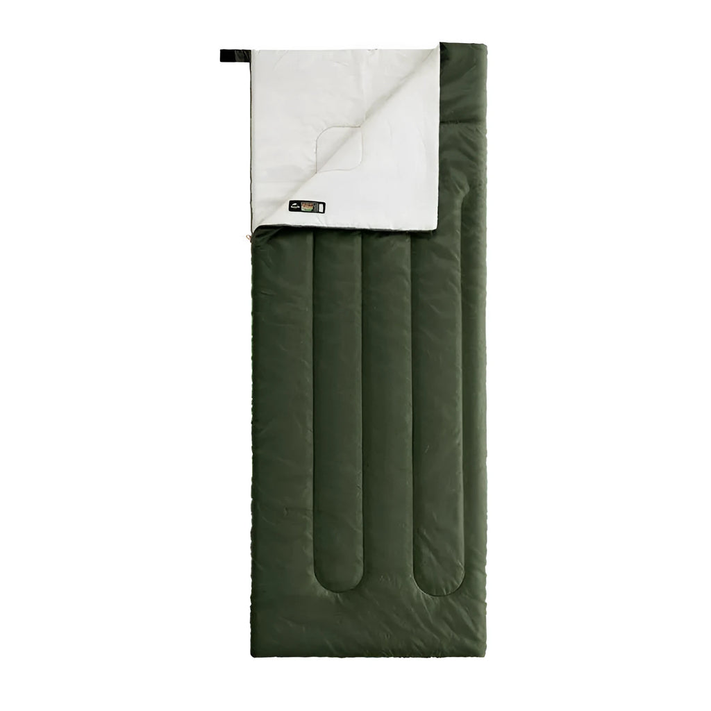 Camping thin portable envelope cotton sleeping bag in army green, hollow cotton filling, pongee lining, polyester silk spinning outer fabric