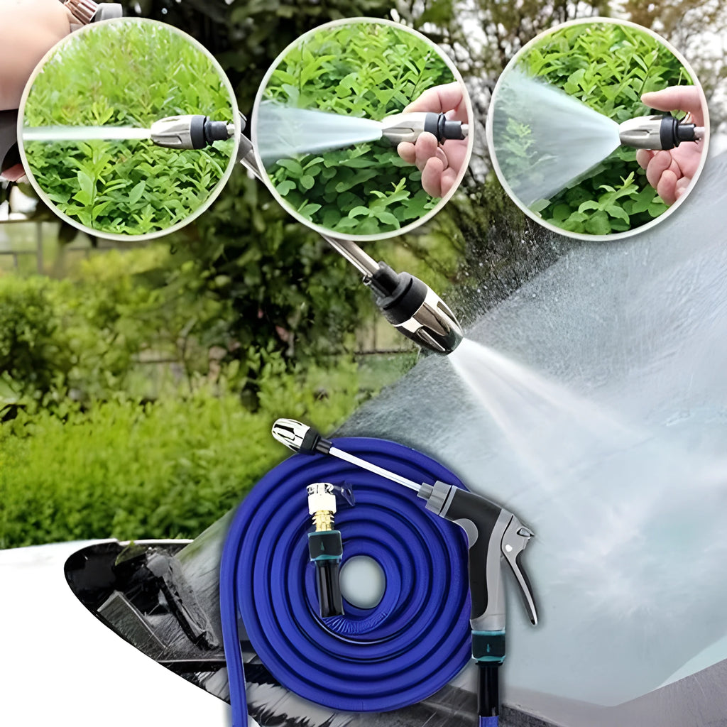 High-pressure car wash water gun set in grey with foam pan and water hose