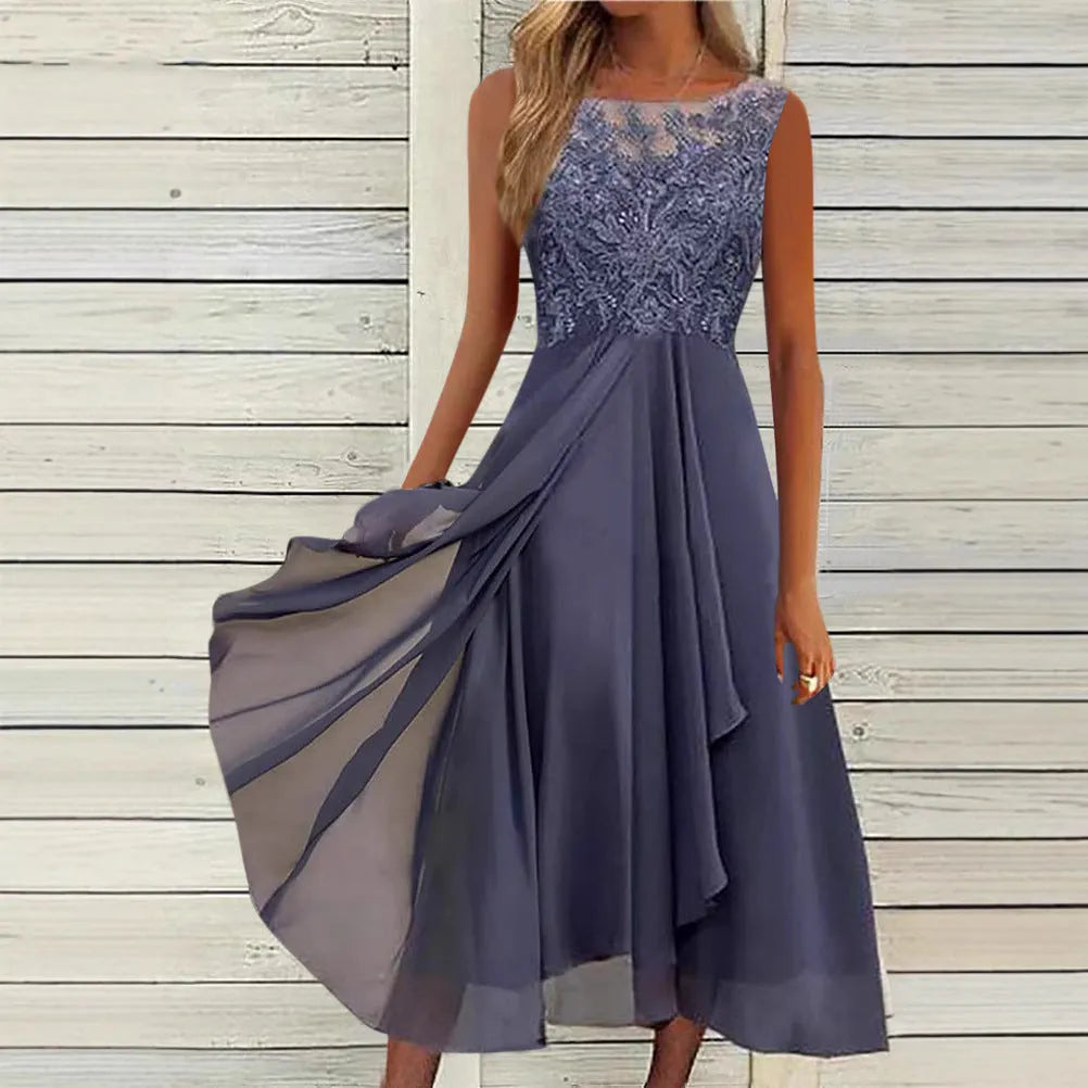 Women's sleeveless green chiffon dress with white stitching lace and hollow-out detail, mid-length skirt.