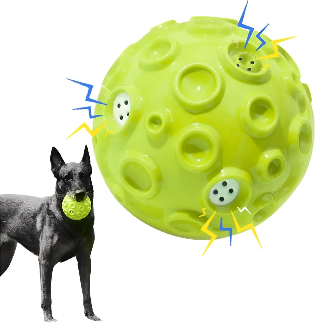Colourful durable dog chew ball with textured surface and internal squeaker for aggressive chewers