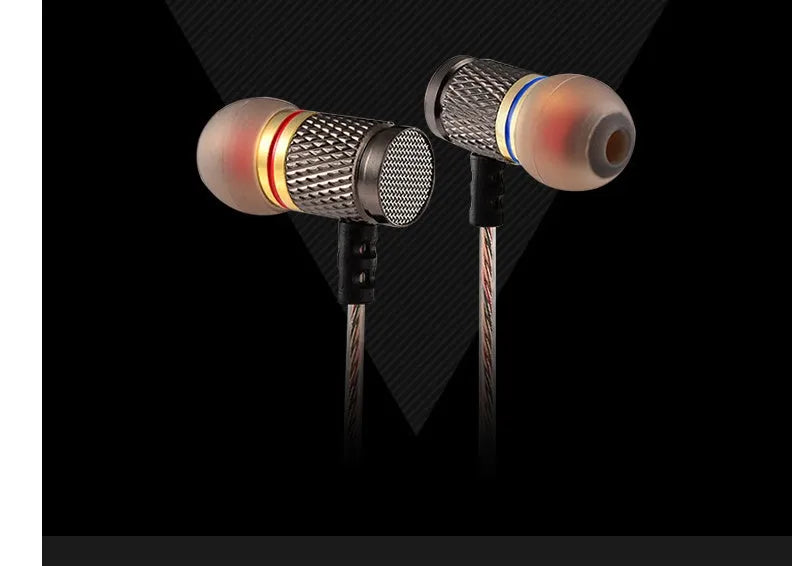 In-ear headphones with metal subwoofer design, 3.5mm L-bend plug, and silicone cable