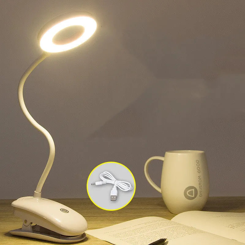 Clip-on rechargeable desk lamp with touch controls showing modern minimalist design