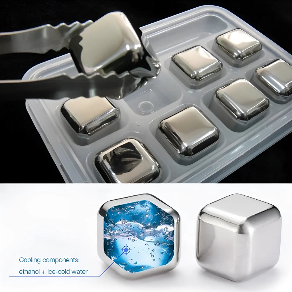 Set of 8 stainless steel whiskey chilling stones in various shapes with storage box and clip