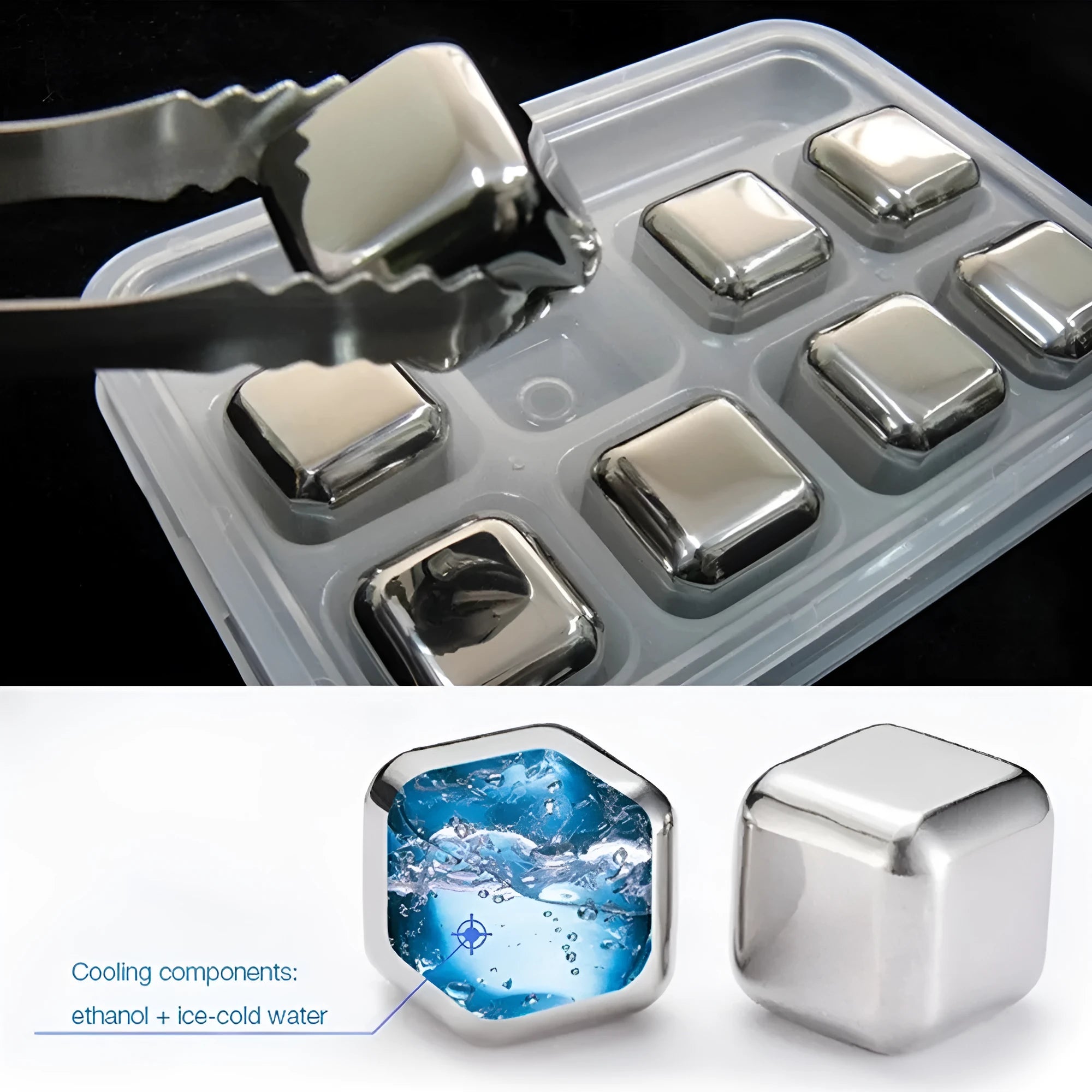 Set of 8 stainless steel whiskey chilling stones in various shapes with storage box and clip