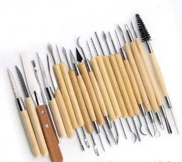 27-piece pottery clay tool set with stainless steel loops and wooden handles in a clear OPP bag.