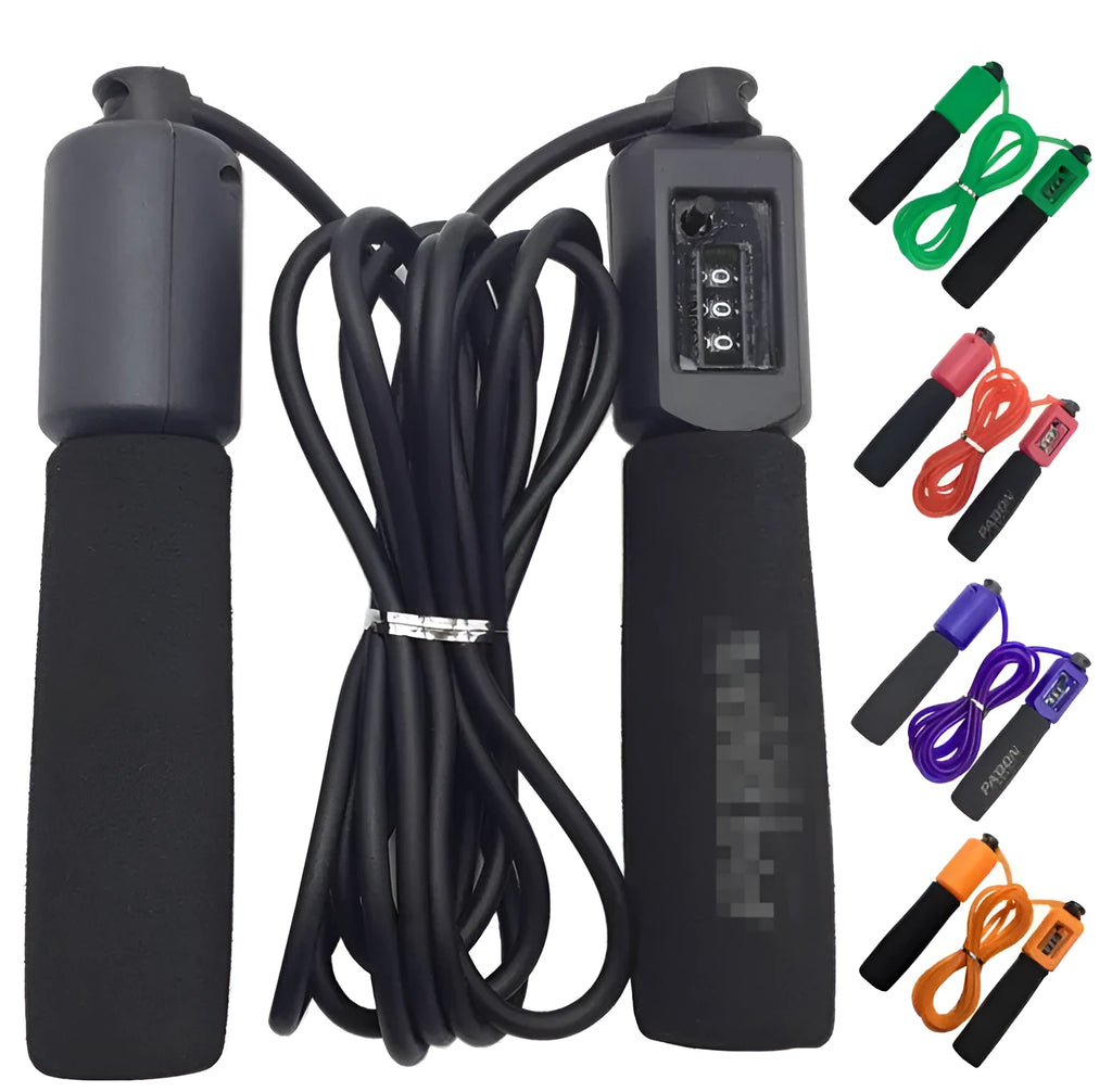 A rope skipping fitness rope with foam grip handles, shown in one of the available colours.
