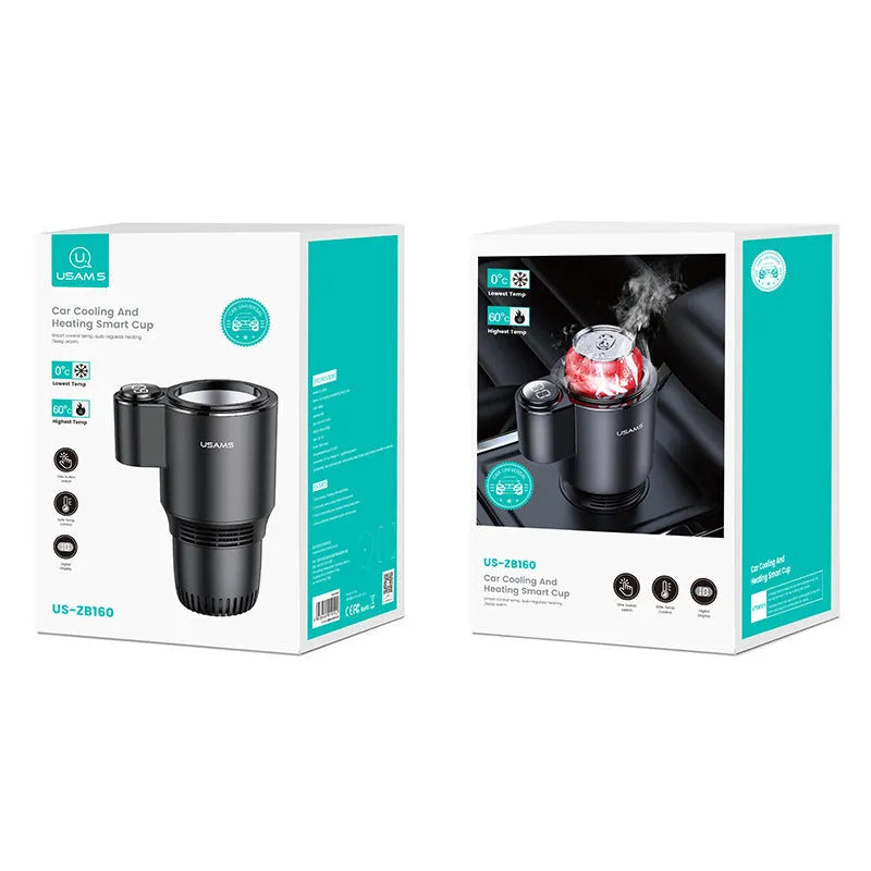 USAMS US-ZB160 digital display smart car heating cooling cup in black, with heightening base