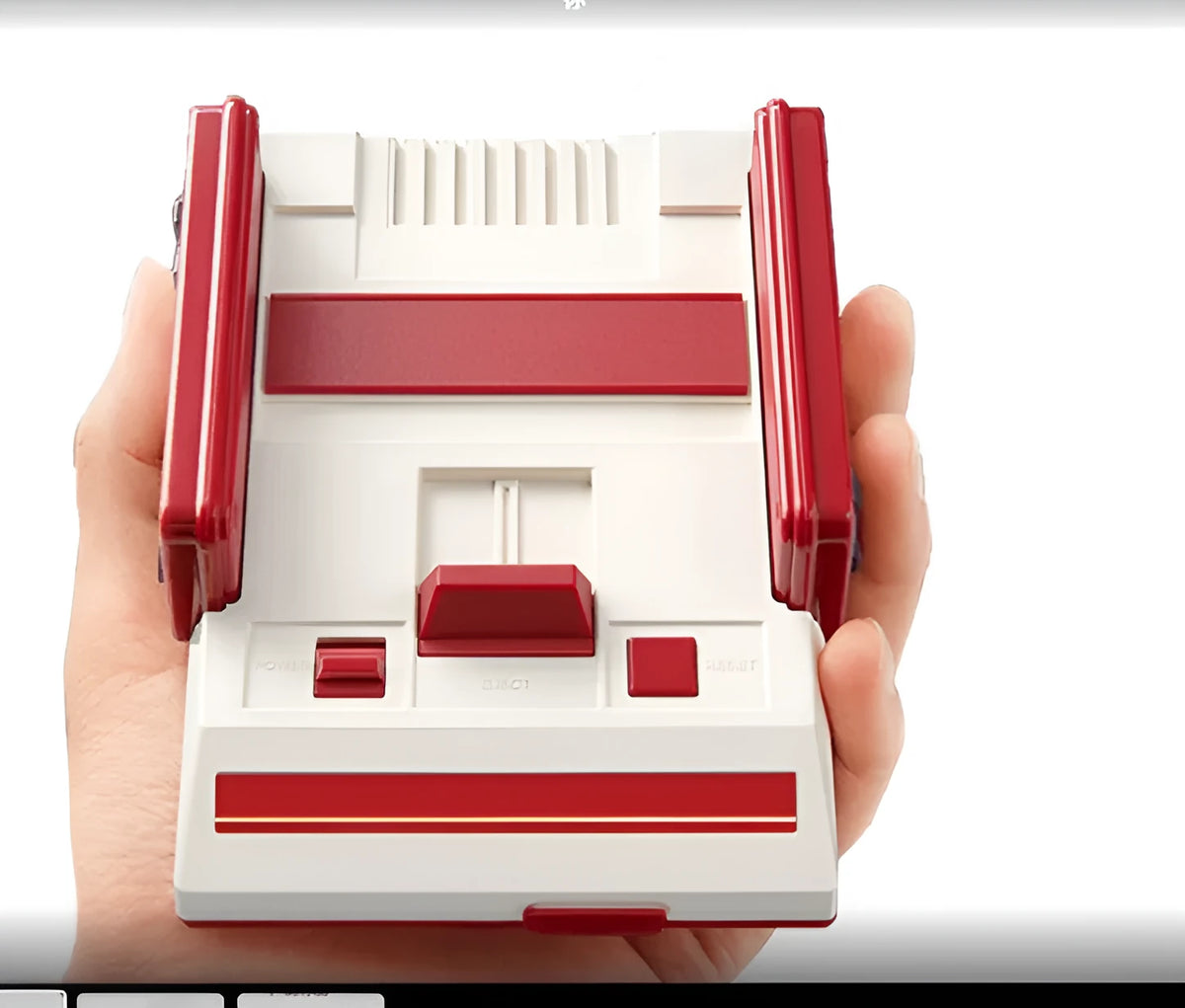 Mini FC game console in red and white with wired controllers and AV cable for TV play