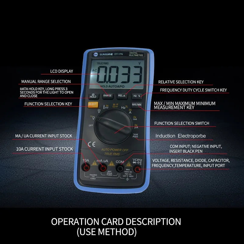 DT 17N auto ranging digital multimeter handheld professional use with test leads, test pen and 9 volt battery