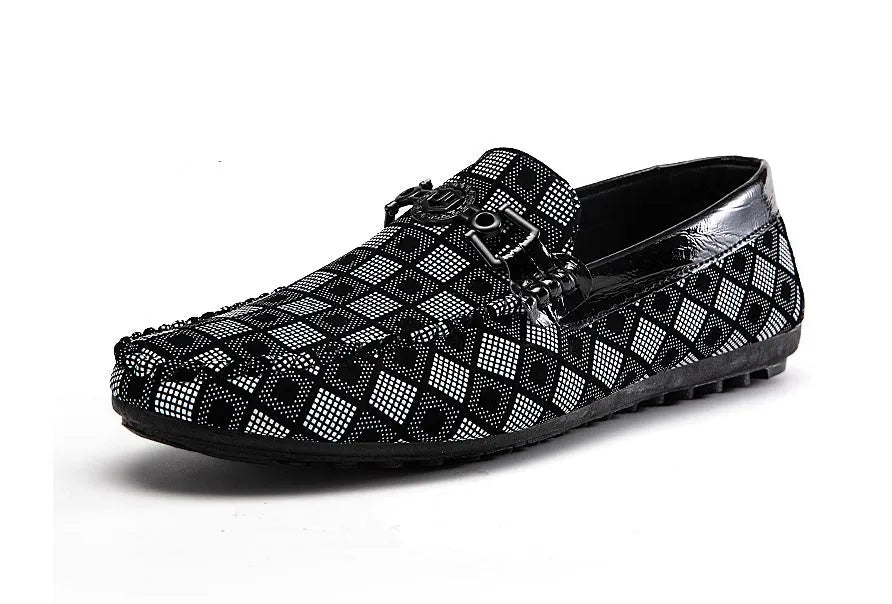 Lazy man plaid shoes in Black, Khaki, and White with shallow opening and flat heel