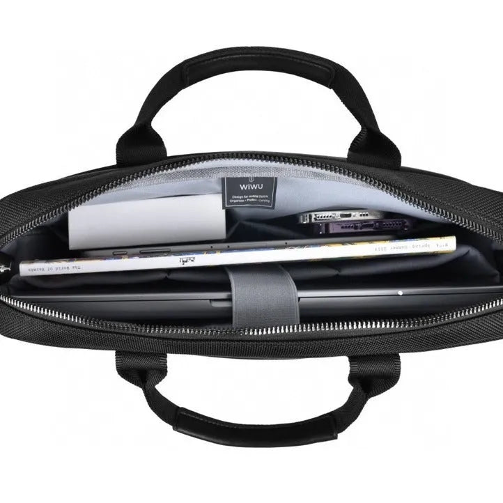 Black Oxford cloth laptop handbag with multiple compartments shown open, displaying organised storage for a 15.6-inch computer.