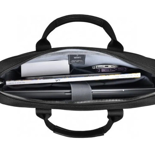 Black Oxford cloth laptop handbag with multiple compartments shown open, displaying organised storage for a 15.6-inch computer.