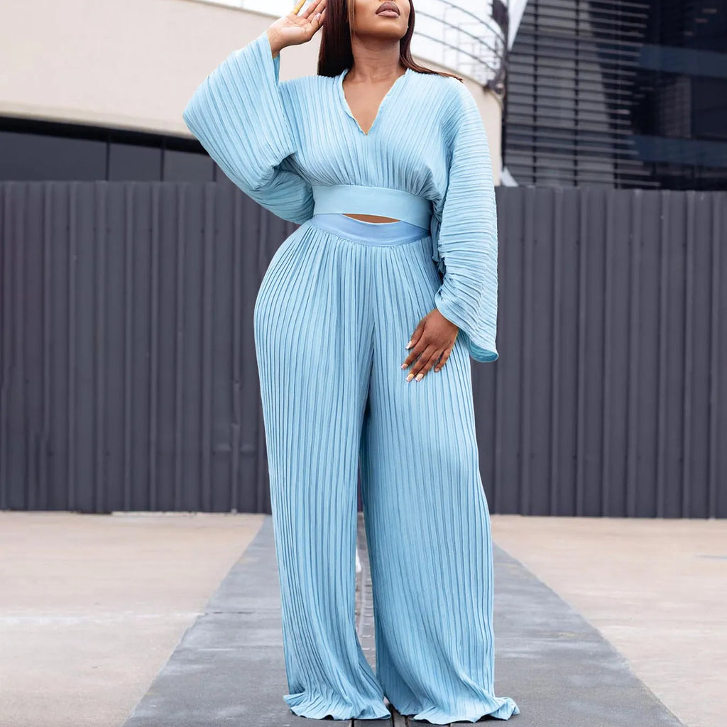 Women's sapphire blue African suit two-piece set with batwing sleeves and wide-leg trousers